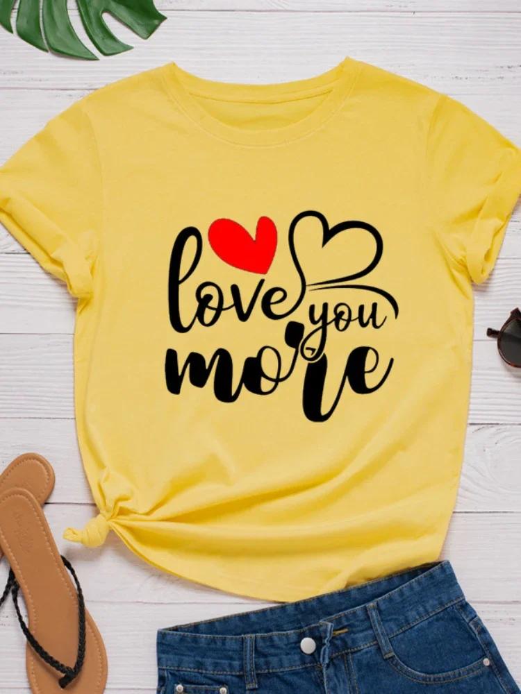 Love You More Heart Print Женская футболка с коротким рукавом и круглым вырезом Свободная женская футболка Женская футболка Топы Одежда Camisetas Mujer