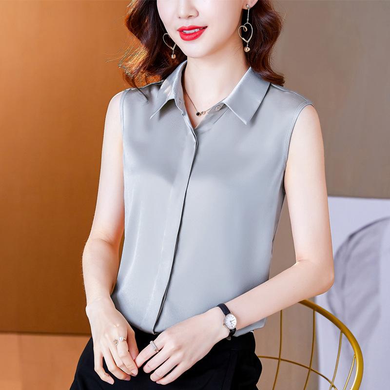 Elegant Ladies Shirts Temperament Commuter Career Satin Blouse Women Undershirt Shirt Sleeveless Loose Lapel White Blouse