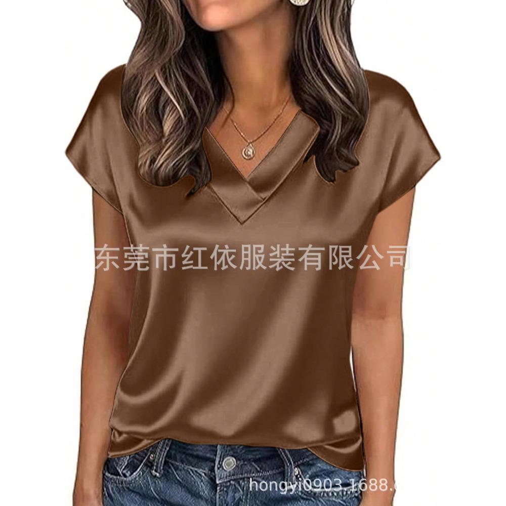 21-Color Women's Satin T-shirt Spring and Summer European and American Women's Clothing New V-neck Satin Casual Top Women