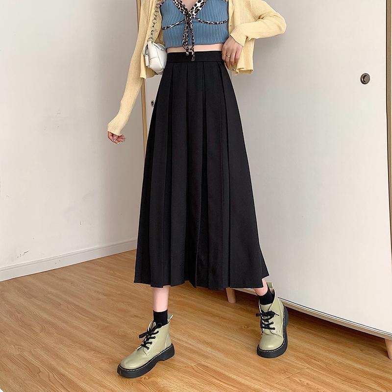 HOUZHOU Pleated Skirts Women Black Midi Skirt A-line High Waist Vintage Chic Office Lady Elegant Fashion
