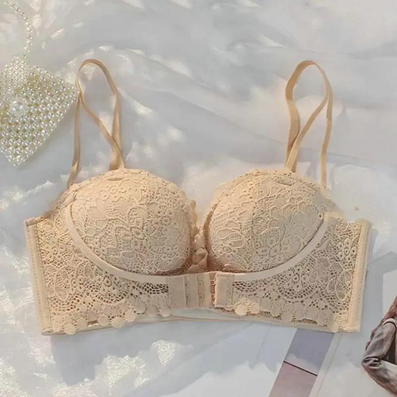 No Wire Lace Bra Thin Push-up Underwear Women's Lace Spaghetti Strap Underwear with Push Up Wireless Bra Mid Waist