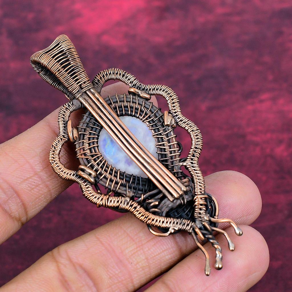 Rainbow Moonstone Pendant Copper Wire Wrapped Pendant Natural Gemstone Jewelry