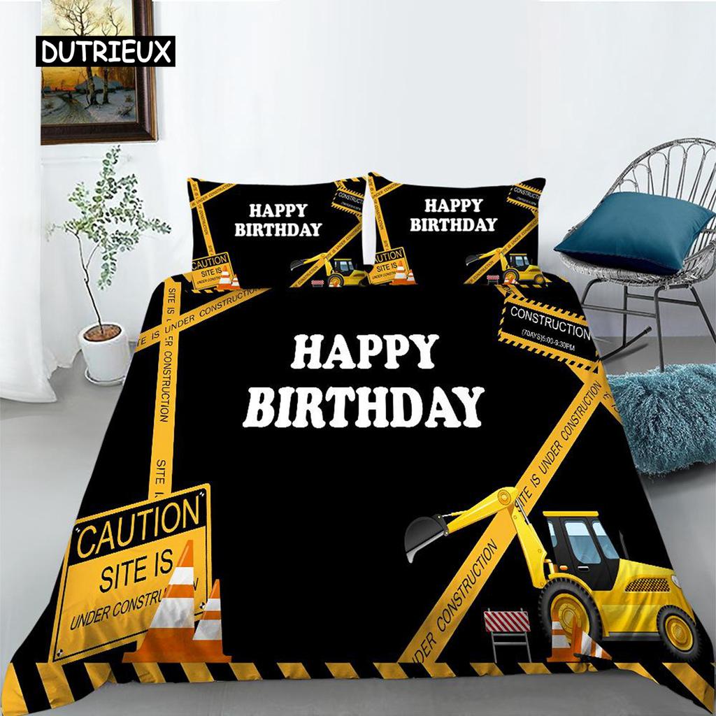 Construction Truck Duvet Cover Microfiber Cartoon Construction Vehicle Print Bedding Set Gift Happy Birthday Pattern Quilt Cover