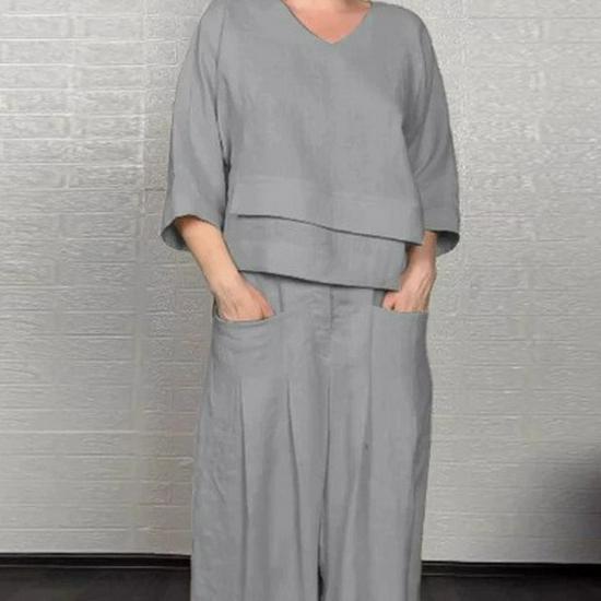 Комплект в европейско-американском стиле 2025 года: однотонный топ с круглым вырезом и брюки прямого кроя со средней посадкой