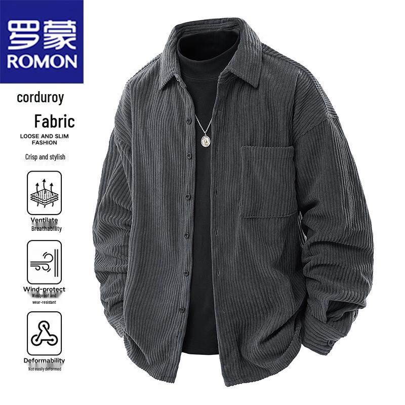 ROMON Men's Corduroy Loose Long-Sleeve Lapel Shirt Jacket