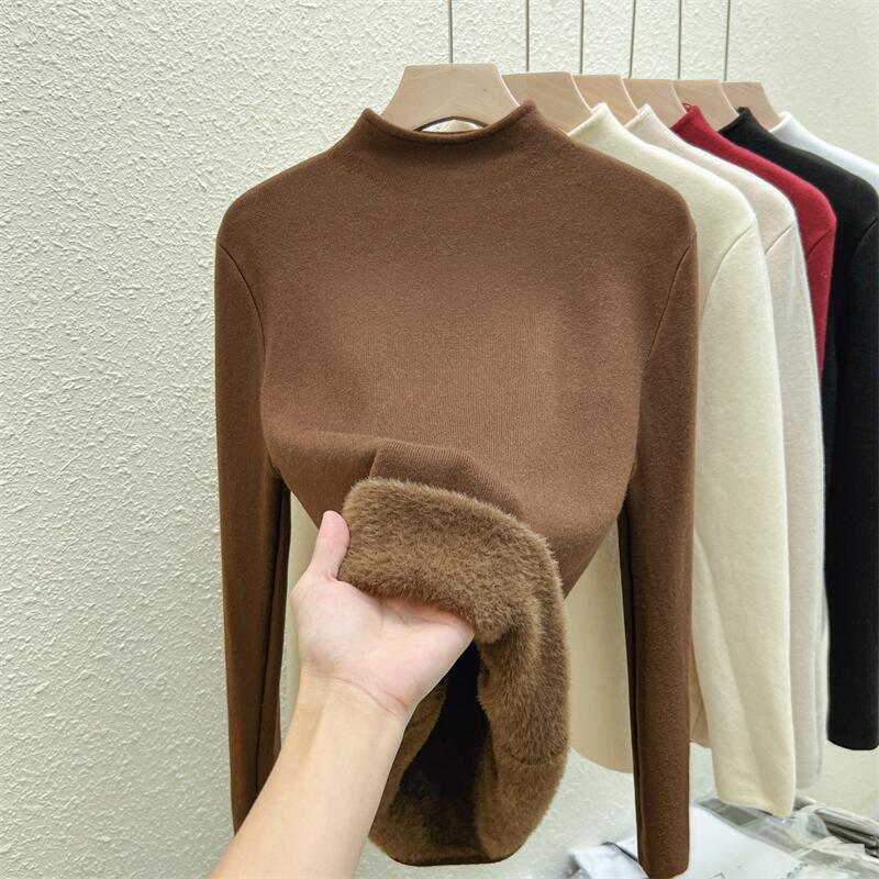 Осень-зима, полуводолазка, женский вязаный свитер, модный, элегантный, повседневный, флисовый, толстый, нижняя часть, рубашка, верхняя часть, внутренний длинный рукав, одежда 1878