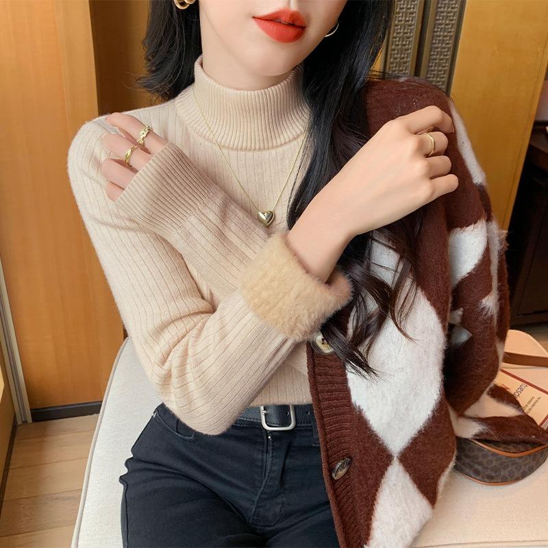 Топ-водолазка в рубчик, интегрированный, из искусственного норкового бархата, женский осенне-зимний прилегающий внутренний теплый вязаный свитер