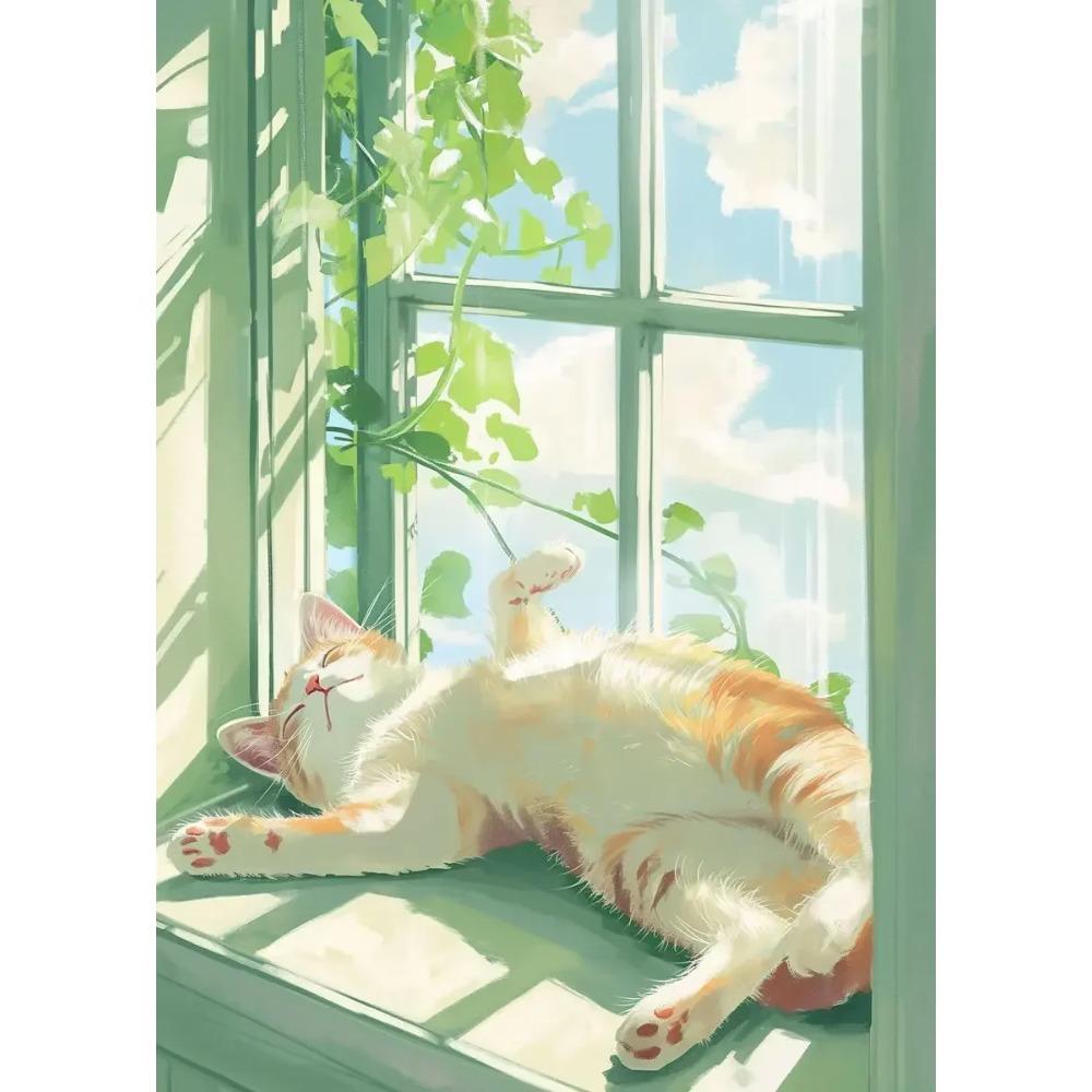 Lazy Cat Cartoon Poster and Print Canvas Painting Cat Sleeping on Windowsill Wall Art Picture for Living Room Home ation