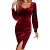 Spring Autumn Women Evening Dress Long Sleeves Slim Fit Pure Color Split Hem