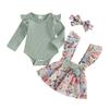 Комплект из 3 предметов для девочек с длинными рукавами, круглым вырезом, оборками, цветочным принтом, бантом, комбинезоном, юбкой, повязкой для волос 