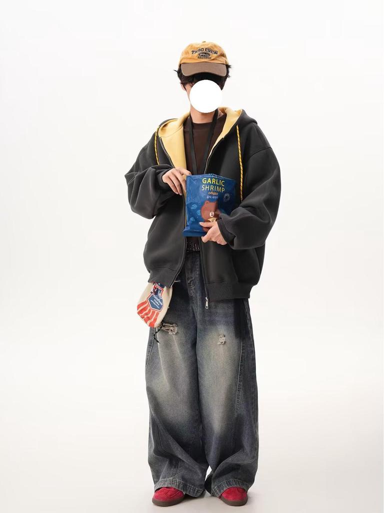 Унисекс худи колор-блок осенних цветов: Спортивная куртка свободного кроя в стиле колледжа на двойной молнии