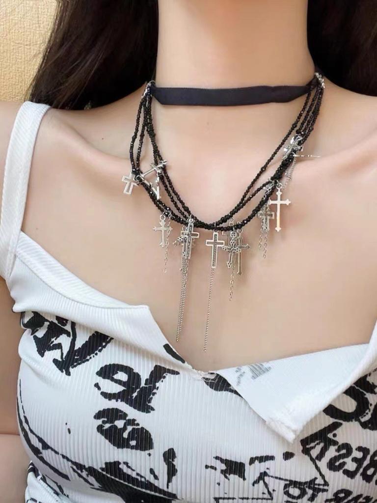 Cross Punk Dark Style Necklace Geometric Shape Tassel Choker For Travel Souvenir