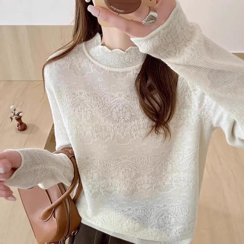 Кружевной трикотажный базовый топ с полувысоким воротником для женщин, осенне-зимний новый универсальный свитер, жаккардовый топ для женщин