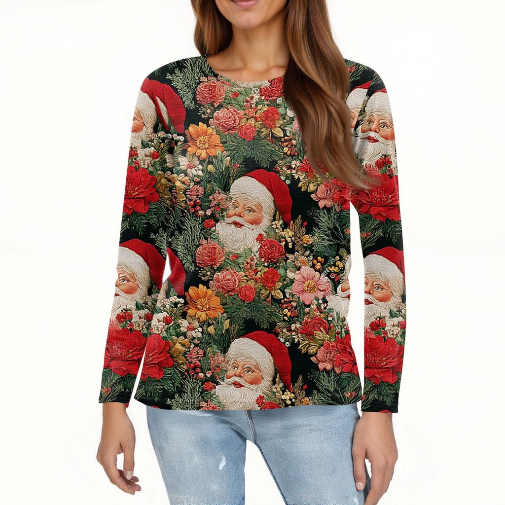 Женская мода повседневный топ с разрезом по низу и рождественским принтом с круглым вырезом и длинными рукавами