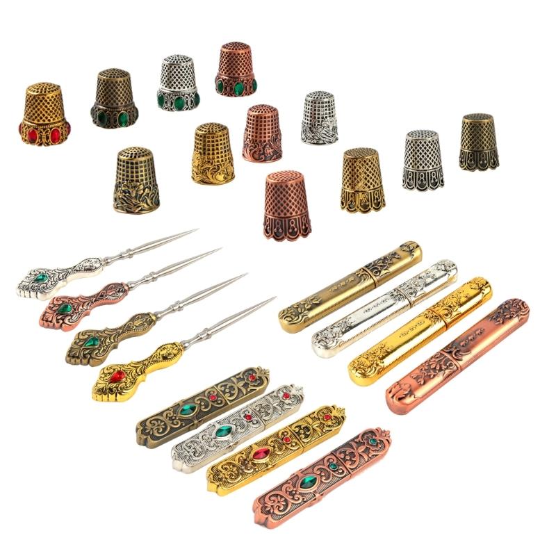 Elegant Metal Needle Case Sewing Thimble Rings Perfect Sewing Tool Awl Tool for Craft Lover Vintage Look Storage Holder
