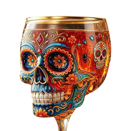 Gothic Skull Wine Glass, Hand Painted Skeleton Goblet, Day of The Dead Decor, Unique Bar Gift for Halloween