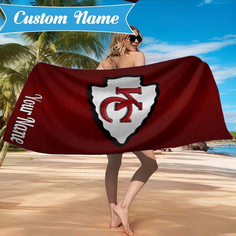 Custom Name Beach Towel Kansas Chiefs Logo Soft and Quick-drying Beach Towel, Suitable for Travel, Swimming Pool, Gym, Yoga, Gifts