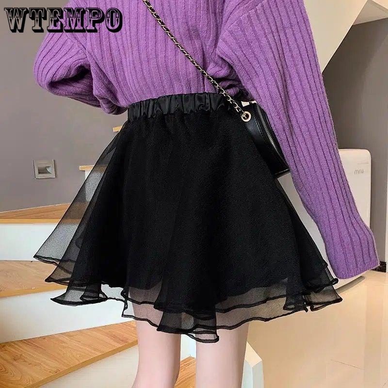 WTEMPO Весенне-летние корейские эластичные мини-юбки-пачки с высокой талией, женские однотонные повседневные сетчатые лоскутные короткие юбки трапециевидной формы