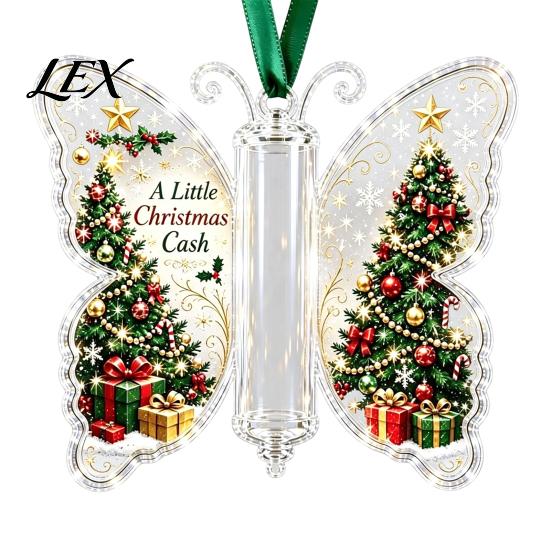 Holiday Party Hanging Decor Butterfly Cash Gift Ornament, Christmas Money Holder with Decorative Tags Festive Print, Acrylic Tree Pendant for Surprise