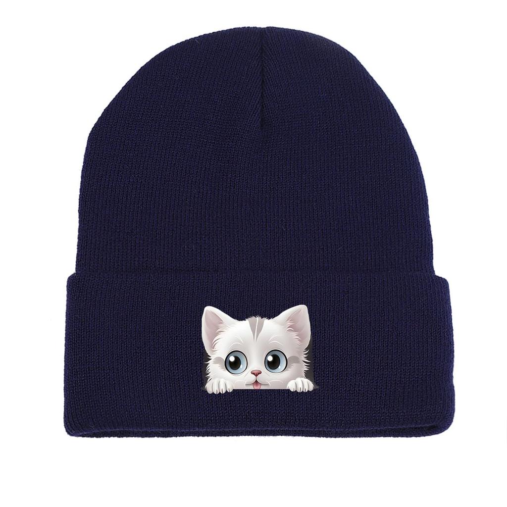 Cute White Cat Winter Knit Hat Beanie, Animal Man Cap Soft Winter Unisex Pompom Beanies Knitted Cap Beanie