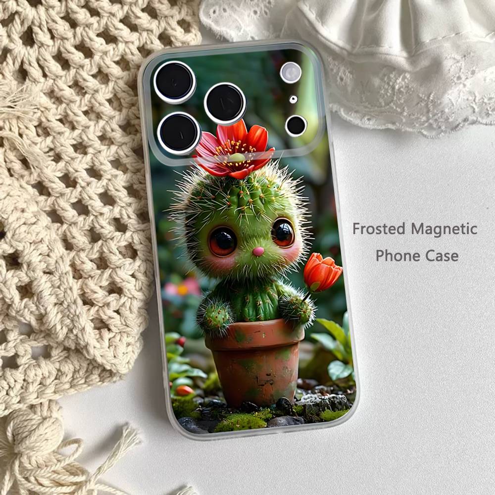 Cartoon Plant Cactus Phone Case For iPhone 14,16,12,17,13,15,11 Max,Pro,Mini,Plus,Air,E Magnetic Frosted Transparent