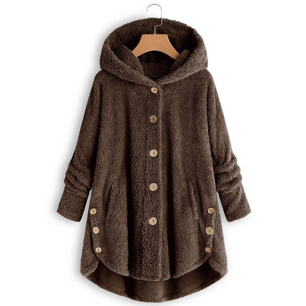 Women Plus Size Button Plush Tops Hooded Loose Cardigan Wool Coat Winter Jacket