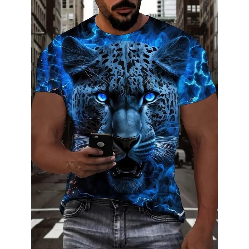 Summer Round Neck 3D Tiger Pattern Printed Top Fashionable Casual Short Sleeved Men's T-shirts