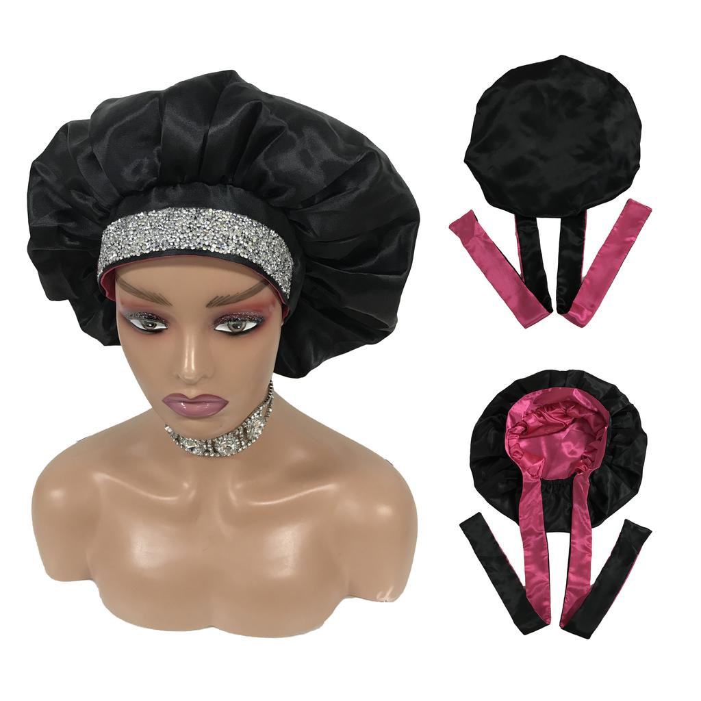 Double Layered Bling Satin Bonnets with Ties Silk Bonnets and Hair Wraps Custom logo Bonnets for Women