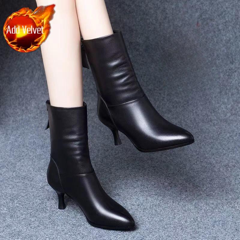 Большие размеры, теплые туфли на высоком каблуке, элегантные женские туфли до середины голени, женские полусапожки на каблуке, весна 2024, водонепроницаемые, новые, в горячем стиле Gyaru Goth