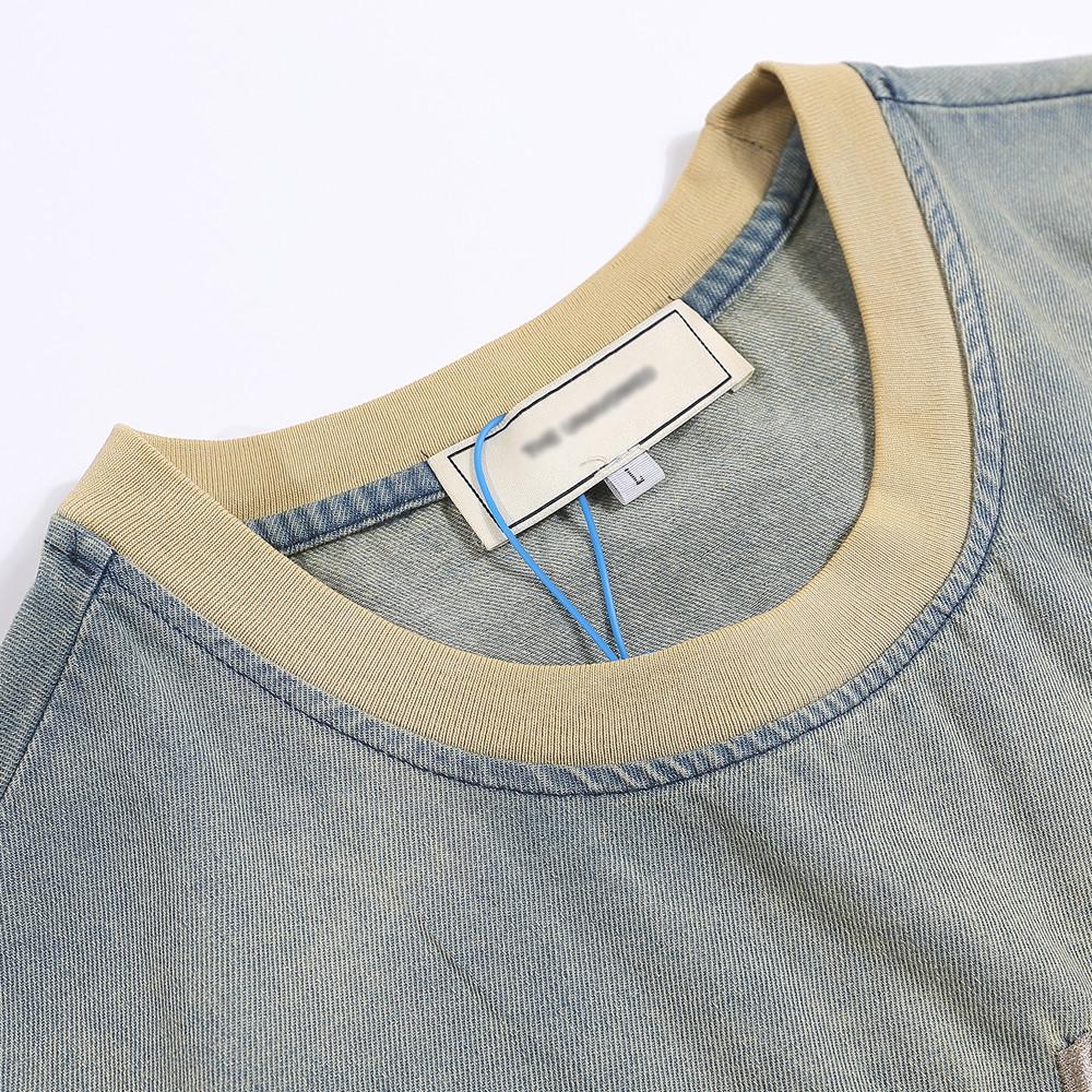 Джинсовая футболка с вышивкой букв и круглым вырезом, с короткими рукавами, модная американская уличная мужская футболка оверсайз, летняя футболка с рукавами четверти