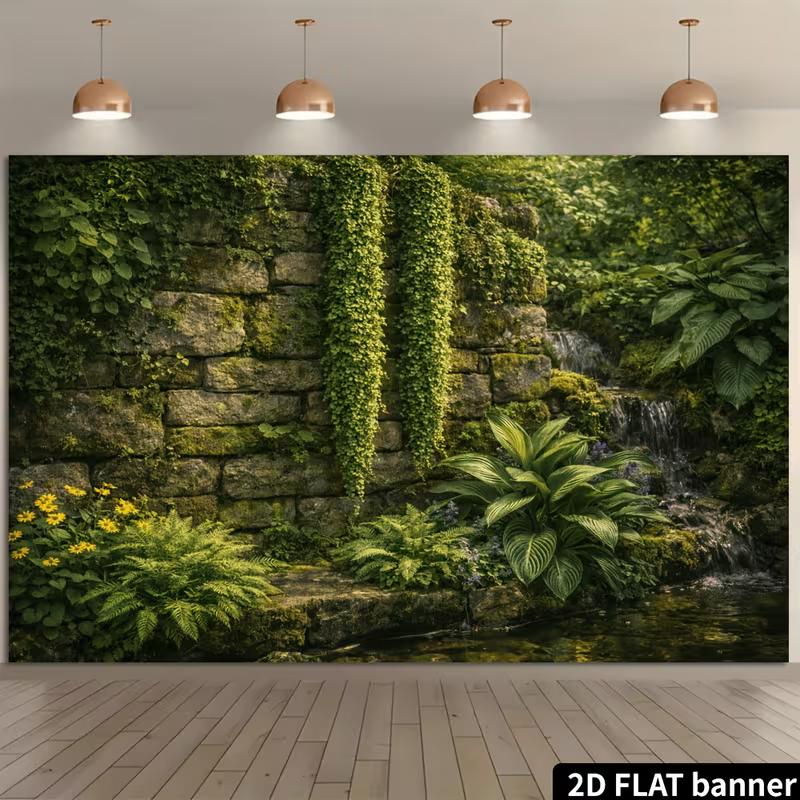 2D Vintage Courtyard Banner with Ferns and Yellow Flowers Photo Booth Background Cloth
