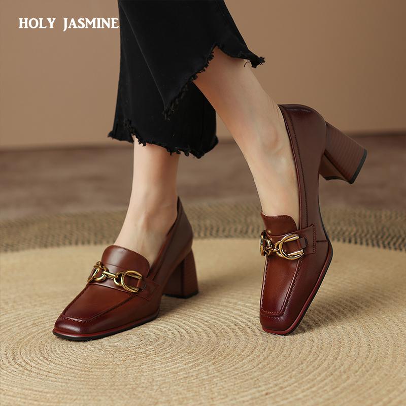 2024 Spring New Genuine Leather Women Shoes Leisure Women Slip-On Shallow Pumps Square Toe Heels Shoes Women Zapatos De Mujer