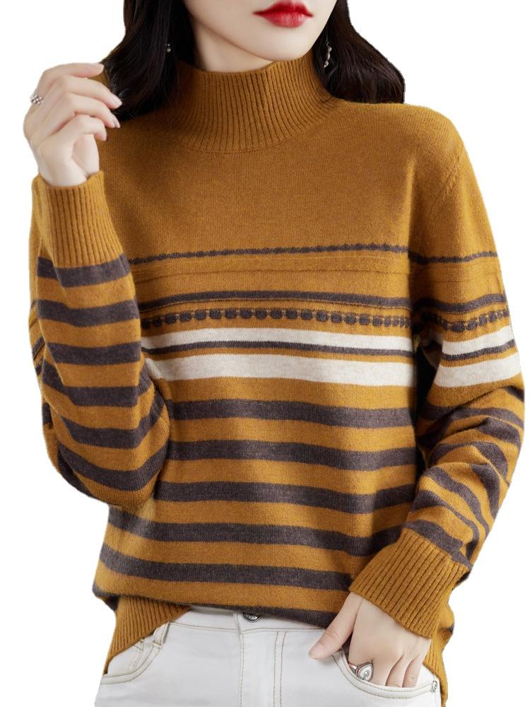 Женская мода, повседневный полосатый принт, осенне-зимние свитера с длинным рукавом и половиной водолазки