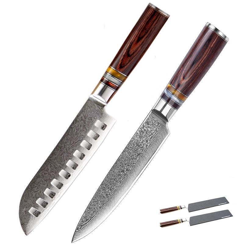 Набор из 2 предметов дамасских ножей, кухонные ножи Santoku для нарезки vg10, 67 слоев, японский нож из дамасской стали