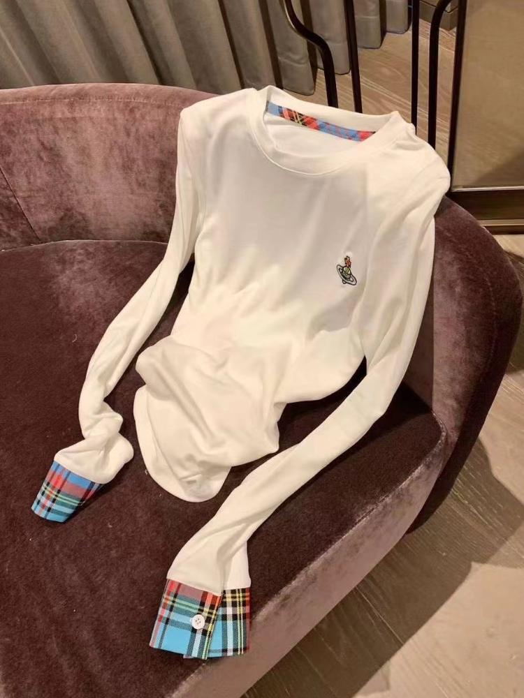 Осенняя женская корейская мода вышитая клетчатая лоскутная футболка с длинным рукавом топы с круглым вырезом винтажные 2000-е эстетика прилив простые