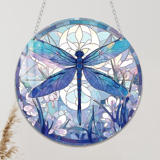 Round Stained Glass Style Window Hangings 5.9 Inch Colorful Sun Catcher with Chain for Indoor Outdoor Decor Light Reflection Artistic Gift