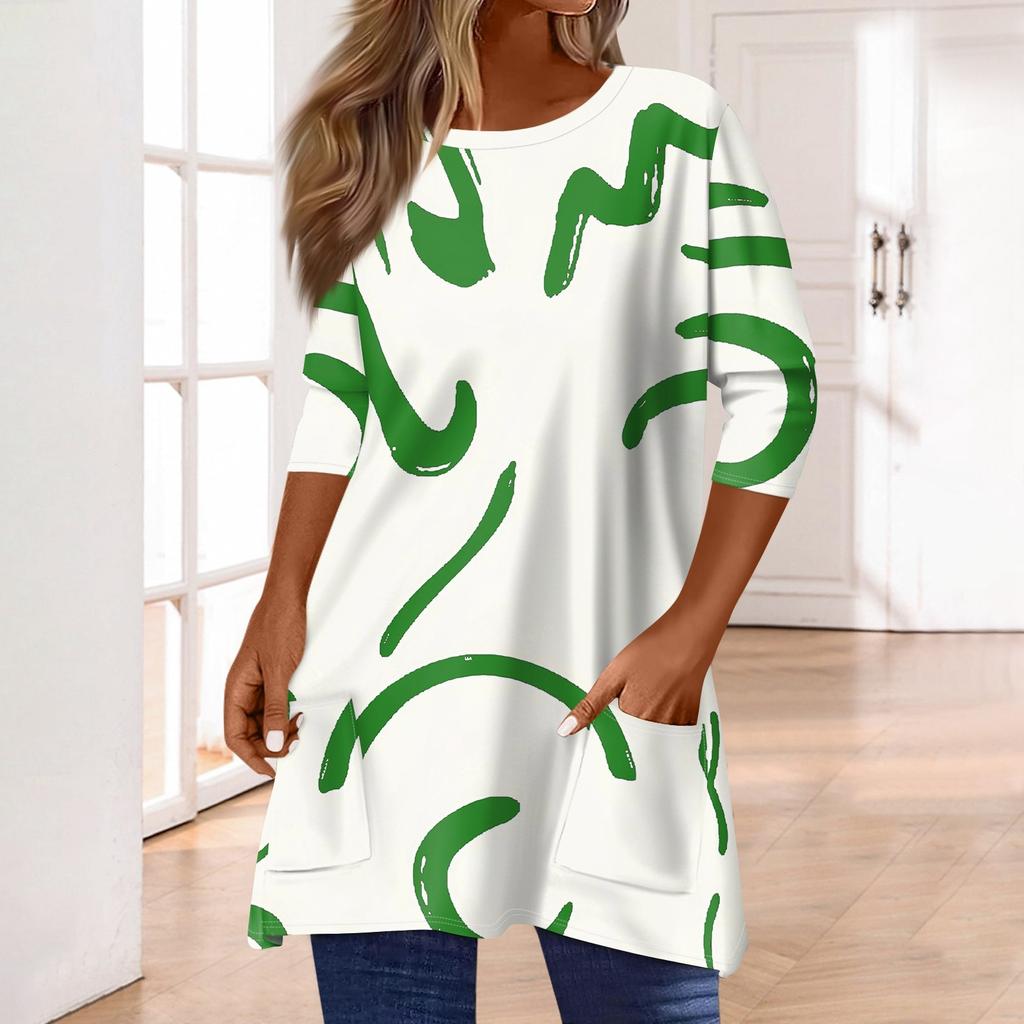 3/4 Sleeve Pocket Tops For Women T-Shirt Casual Print Mid-length Tops T Shirt Round Neck Pullover Blouse