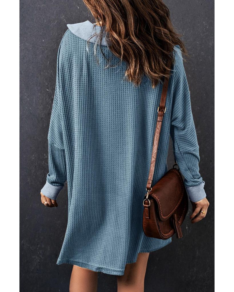 Azura Exchange Sky Blue Waffle Knit Buttoned Long Sleeve Top