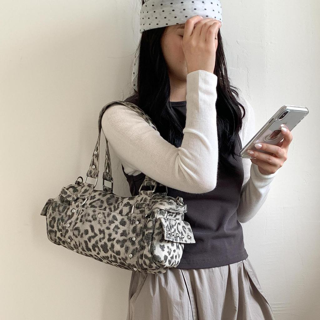 Retro Leopard Print Handbag for Women, Rivet Niche Underarm Bag, Trend Single Shoulder Crossbody Bag