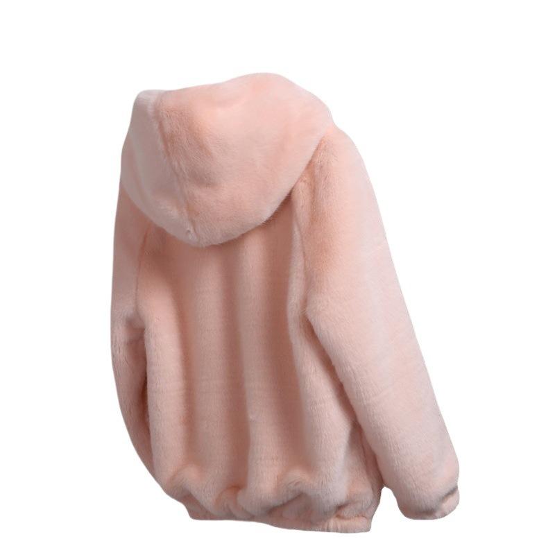 Herbst und Winter neue Rex-Kaninchenfell-Imitatpelz Damenjacke kurz Imitat-Nerzvelours locker Plüsch mit Kapuze
