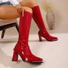 Модные высокие ботинки Осень Новые Металлический квадратный носок Лакированная кожа Задняя молния Противоскользящие Износостойкие Каблуки