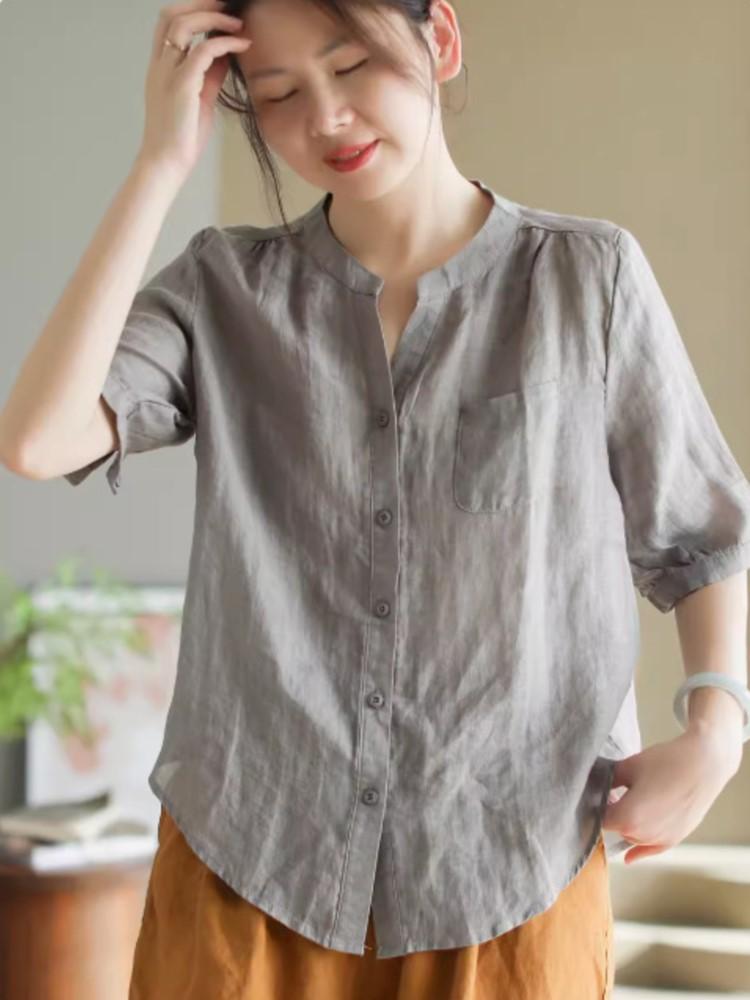 Johnature Women Vintage Solid Color Shirts V-Neck Short Sleeve Tops Patchwork Pockets Summer Casual Blouses