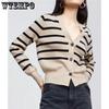 Autumn Women's V-neck Long Sleeved Sweater Striped Knitted Sweater Cardigan Design Sense