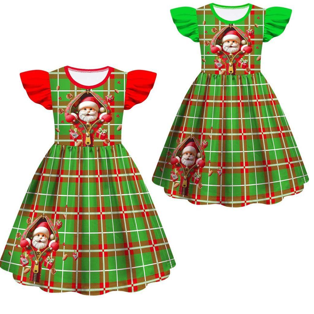 Kids Girls Cartoon Santa Claus Christmas Tree Elk Print Ruffle Sleevess New Year Dress