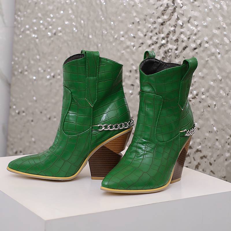 Krazing Pot Polyurethane Autumn Winter Shoes 47 Size 48 Super Size Wedges Pointed Toe Lace Up Serpentine Metal Chains Fashion Ankle Boots