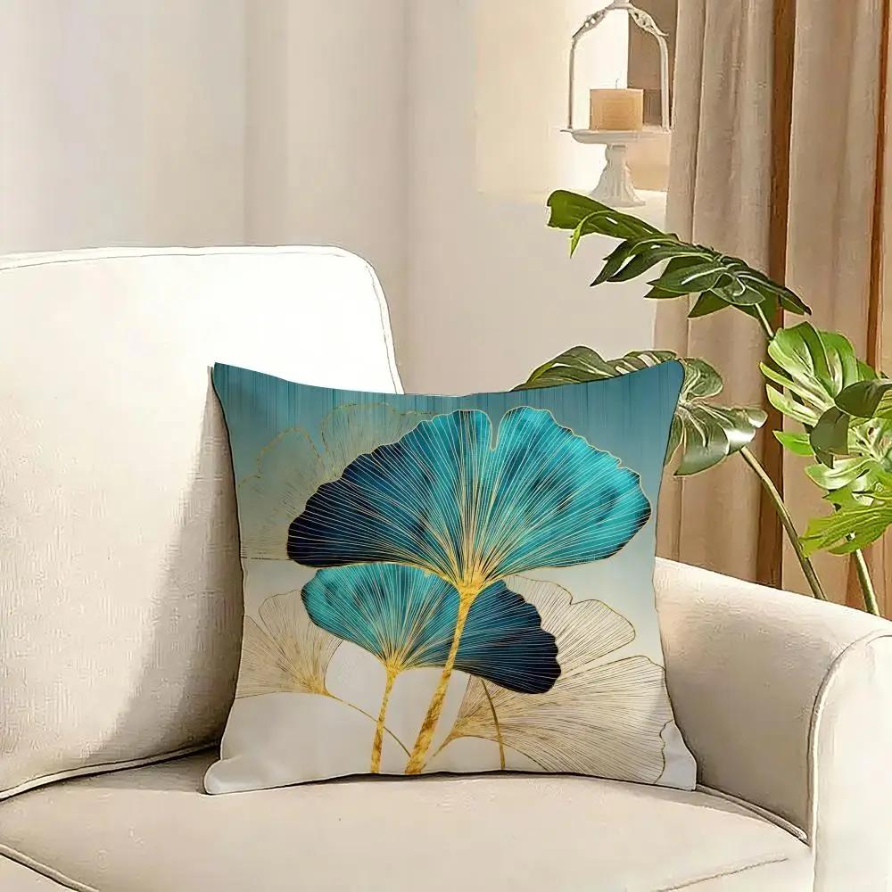 Ginkgo Leaves Printed Cushion Cover Reversible Plush Pillow Cover Soft Fluffy Home Decor for Sofa Bedroom