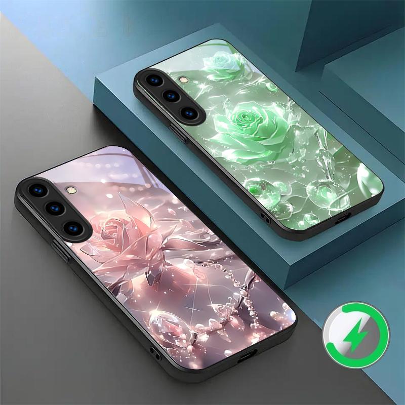 Розы цвета ледяного кристалла Для Samsung Galaxy S26 Ultra S20 FE S21 S22+ S23 Plus S24 Ultra 25 Edge Для Magsafe Стеклянный чехол для телефона