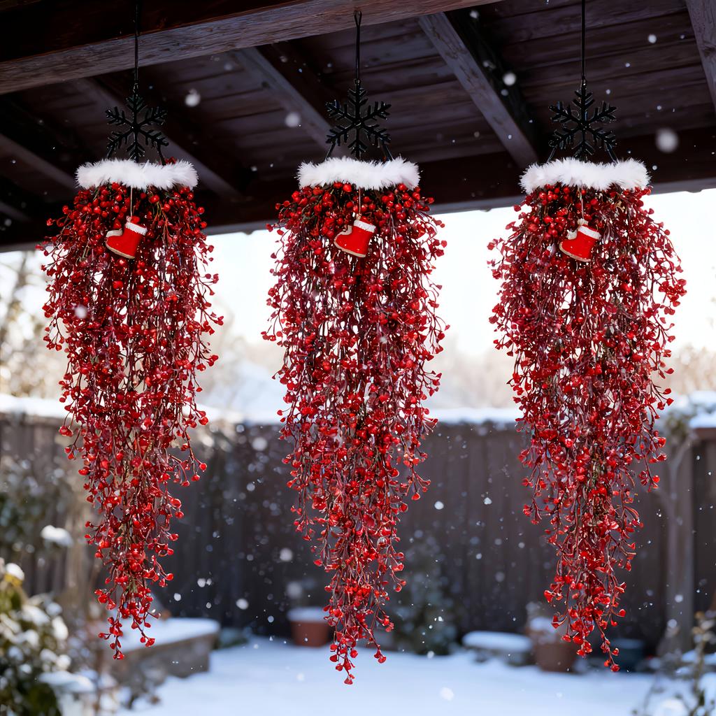 3pcs Artificial Hanging Plants Garland Plastic Red Ferns Fake Ivy Plant for Christmas Home Wedding Table Party Garden Decoration