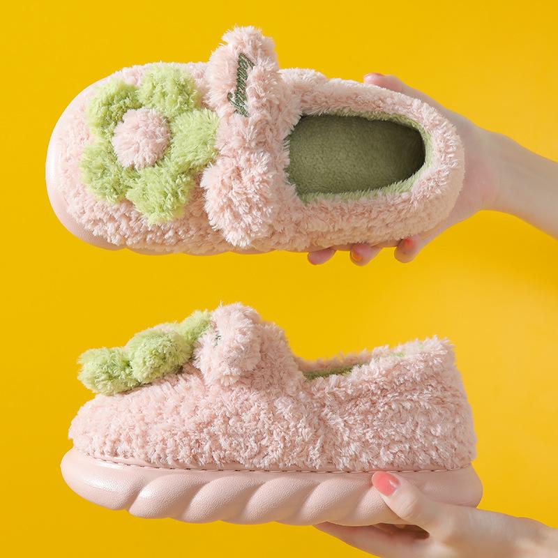 Зимние теплые тапочки женские 4 см высокие каблуки нескользящие плюшевые хлопковые туфли с эффектом памяти милые цветы домашние спальни женские меховые шлепанцы