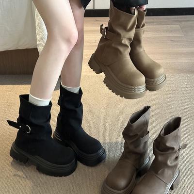 Женские ковбойские сапоги с толстой подошвой, модные ботильоны до середины икры, на осень-зиму, с пряжкой на ремне, без застежки